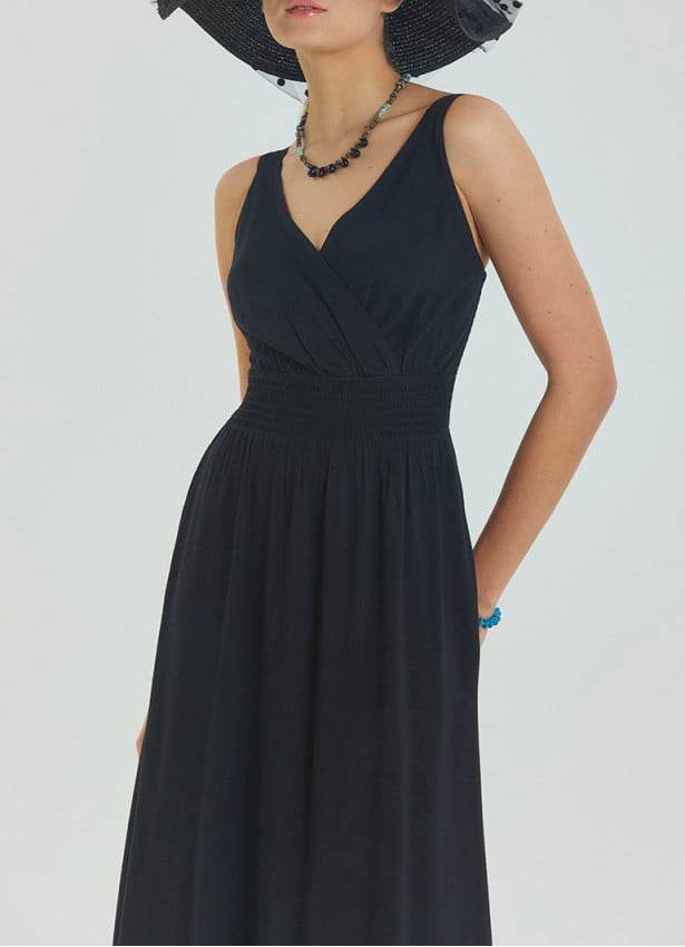 V Neck Double Breasted Black Long Dress 4560